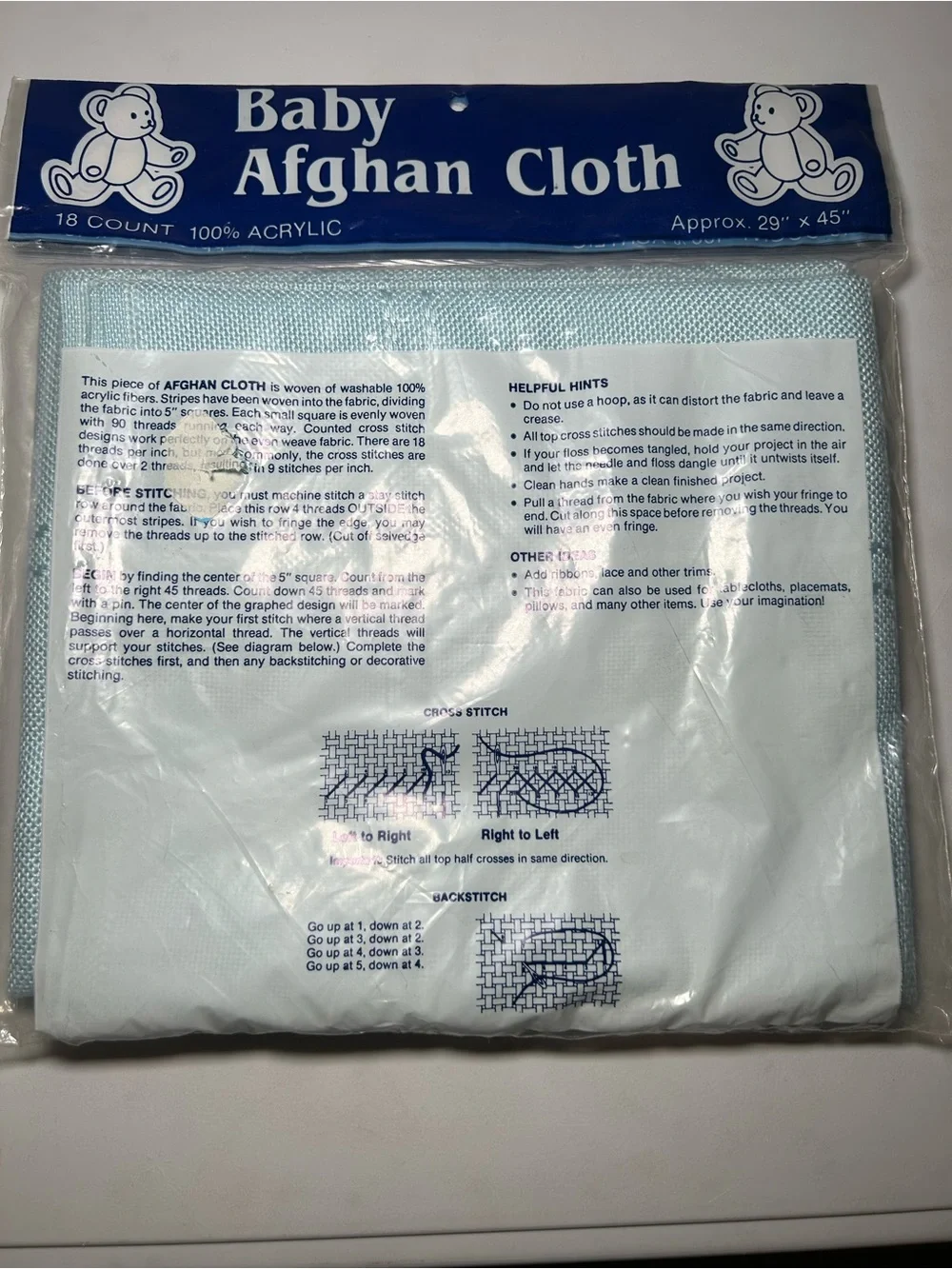 Cross Stitch 18 Count Afghan Cloth 45 x 58 Full or 2 Baby 29 x 45 Acrylic Fabric